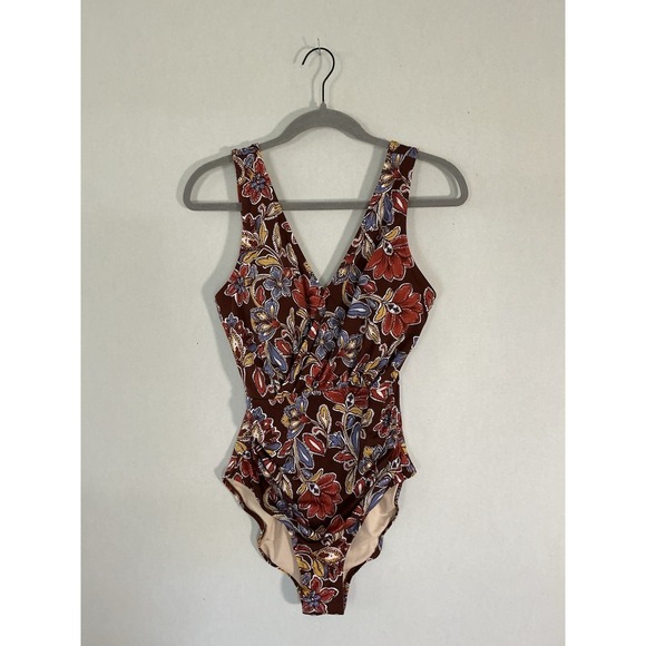 Garnet Hill Other - Garnet Hill Brown Floral V-Neck One-Piece Swimsuit w Lined Molded Cups 6
